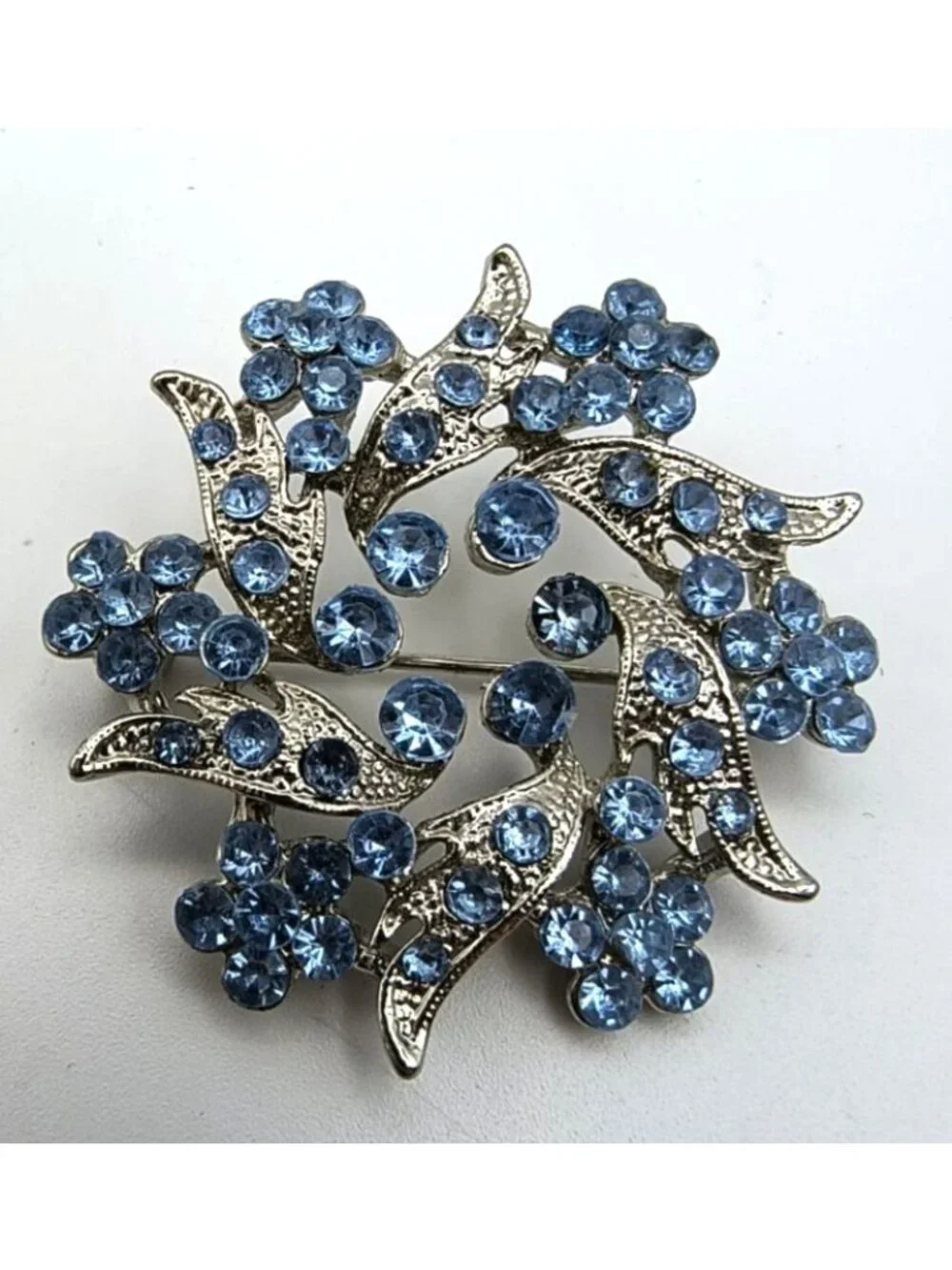 Vintage Silver-Tone Brooch Blue Rhinestone Floral Design